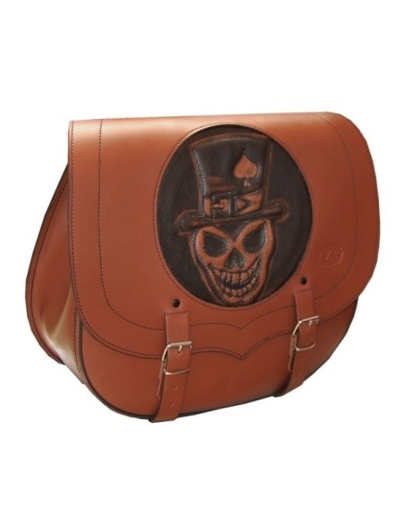 ALFORJA PIEL SPARTA SKULL HAT MARRÓN CUERO HCO AMORT DERECHA SPORTSTER H.D